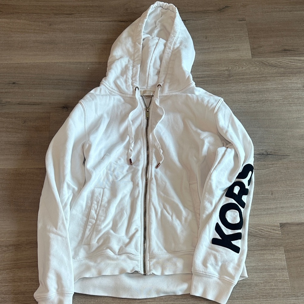 Michael Kors White Hooded Zip-Up Jacket with Black Sleeve Logo